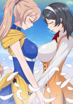 2bls 2girls absurdres belt black_belt black_hair black_ribbon blonde_hair blue_dress blush breast_press breasts dress feathers hair_ribbon hairband highres large_breasts long_hair long_sleeves menou_(virgin_road) multiple_girls ponytail red_ribbon red_string ribbon shirt shokei_shoujo_no_virgin_road sidelocks skirt sky smile string suspender_skirt suspenders symmetrical_docking tokitou_akari white_hairband white_shirt yellow_skirt