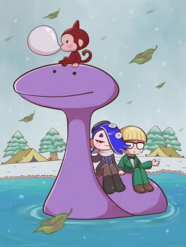 1boy 1girl asymmetrical_hair black_footwear blonde_hair blue_hair blue_hat boots bow bowtie brown_footwear brown_pants bubble_monkey closed_mouth collared_shirt company_connection earrings falling_leaves freckles glasses green_bow green_bowtie green_jacket green_pants grey_jacket hair_over_one_eye hat highres jacket jeff_andonuts jewelry lake leaf long_hair long_sleeves monkey mother_(series) mother_2 nintendo octoling oekakirisuke official_alternate_costume open_clothes open_jacket outdoors pants pine_tree red_eyes riding ripples scarf shirt shiver_(splatoon) shoes short_eyebrows short_hair sitting smile snow snowing splatoon_(series) splatoon_3 tent tentacle_hair tessie_(mother_2) tooth_earrings tree tsurime water white_scarf white_shirt