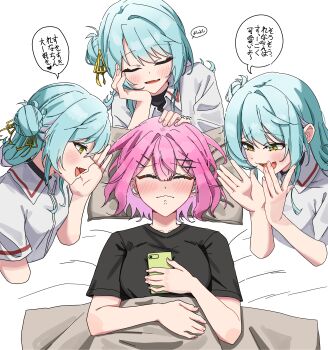 4girls absurdres amaori_renako aqua_hair black_shirt breasts closed_eyes closed_mouth collared_shirt commentary_request fang fingernails hair_bun hair_intakes hair_ornament hairclip hand_on_another's_head head_rest highres koyanagi_kaho medium_breasts multiple_girls multiple_persona on_bed open_mouth pink_hair sh1_uu1 shirt short_sleeves skin_fang smile speech_bubble translation_request upper_body watashi_ga_koibito_ni_nareru_wake_naijan_murimuri! white_background white_shirt yellow_eyes