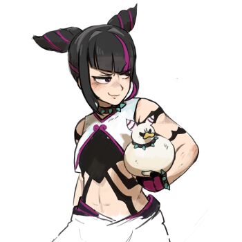 1girl bare_shoulders bird black_hair bracelet collar diva_(hyxpk) duck fingerless_gloves gloves green_nails han_juri highres holding jewelry multicolored_hair purple_eyes purple_hair spiked_bracelet spiked_collar spikes street_fighter two-tone_hair