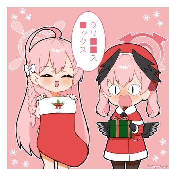 <|>_<|> 2girls :d ^_^ ahoge beret black_pantyhose black_wings blue_archive blush bow box braid capelet capriccyo censored censored_text christmas_stocking closed_eyes commentary_request dress feathered_wings flower fur-trimmed_capelet fur-trimmed_dress fur_trim gift gift_box hair_between_eyes hair_bow hair_flower hair_ornament halo hanako_(blue_archive) hat head_wings highres holding holding_gift koharu_(blue_archive) long_hair multiple_girls nose_blush open_mouth pantyhose pink_background pink_hair red_capelet red_dress red_flower red_hat red_rose rose simple_background smile translation_request twintails twitter_username very_long_hair wavy_mouth white_bow wings