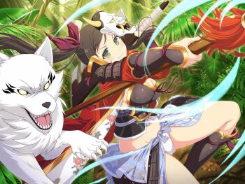 1girl animal animal_ears armor attack black_sclera blue_sky blush bow breasts brown_hair claws cleavage cleaver closed_mouth cloud colored_sclera day dual_wielding energy fangs fern floral_print forest gluteal_fold green_eyes groin hair_bow hair_ribbon hannya holding holding_cleaver holding_polearm holding_weapon japanese_armor japanese_clothes jungle kotarou_(senran_kagura) kote kurokote kusazuri large_breasts leaf long_hair looking_at_viewer mask mask_on_head murakumo_(senran_kagura) nature navel noh_mask official_art oni_mask open_mouth outdoors panties plant polearm ribbon senran_kagura senran_kagura_new_link senran_kagura_shinovi_versus shiny_skin shoulder_armor side_ponytail sky sode solo spear suneate tassel tongue tree underwear vines weapon white_panties white_wolf wolf wolf_ears yaegashi_nan yellow_eyes