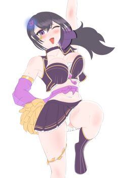 1girl arm_up armlet asymmetrical_sleeves bare_shoulders black_hair blush bouncing_breasts bow breasts bustier cheering cheerleader choker cleavage collarbone crop_top cropped_vest crossed_bangs detached_sleeves eyeshadow frills hair_between_eyes hair_ornament hand_on_own_hip holding holding_pom_poms jewelry knee_up large_breasts leg_up long_hair looking_at_viewer makeup midriff miniskirt mismatched_sleeves navel one_eye_closed open_clothes open_mouth open_vest ophelia_midnight panties pantyshot pleated_skirt pom_pom_(cheerleading) pom_poms ponytail purple_bow purple_choker purple_eyes purple_eyeshadow purple_ribbon purple_sash purple_shirt purple_skirt purple_sleeves purple_vest rayos ribbon sash shirt simple_background single_detached_sleeve single_sleeve skirt sleeveless smile solo standing standing_on_one_leg stomach sweat thigh_strap thighlet thighs underwear vest virtual_youtuber vreverie white_background white_panties