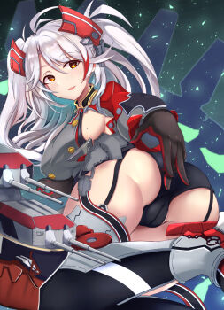 1girl ass azur_lane black_garter_straps black_gloves black_panties black_thighhighs breasts buttons commentary_request double-breasted garter_straps gloves headgear honyara-san large_breasts mole mole_on_breast multicolored_gloves orange_eyes panties prinz_eugen_(azur_lane) red_gloves red_streaks rigging ship_turret sideboob solo thighhighs two-tone_gloves underwear white_hair
