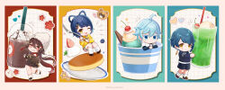 Rule 34 | 2boys, 2girls, absurdres, alternate costume, black shirt, black shorts, blue eyes, blue hair, blueberry, blush, boo tao (genshin impact), braid, brown hair, brown jacket, brown shorts, cherry, chibi, chocolate, chongyun (genshin impact), closed mouth, cup, disposable cup, drinking straw, earrings, flower, flower-shaped pupils, food, fruit, fukaya miku, genshin impact, glass, guoba (genshin impact), hair between eyes, hair ornament, hair rings, hairclip, hat, highres, holding, holding cup, hood, hoodie, hu tao (genshin impact), ice cream, jacket, jewelry, juice, long hair, long sleeves, looking at viewer, multicolored hair, multiple boys, multiple girls, one eye closed, open mouth, pancake, plate, red eyes, red hair, shirt, shoes, short hair, shorts, simple background, single earring, smile, strawberry, sweater, symbol-shaped pupils, teeth, twintails, white hat, white hoodie, x hair ornament, xiangling (genshin impact), xingqiu (genshin impact), yellow eyes, yellow sweater