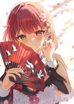 1girl absurdres akane_lize black_ribbon black_shirt blush breasts cleavage earrings falling_petals flower folding_fan glint grey_eyes grin hair_flower hair_ornament hair_ribbon hand_fan hand_up highres holding holding_fan jewelry long_hair long_sleeves looking_at_viewer mole mole_under_eye nail_polish petals pink_flower pink_nails red_hair red_petals ribbon shan_(ti0n) shirt smile solo stellive upper_body white_background