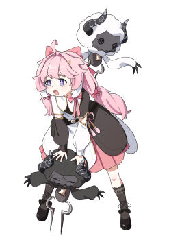 1girl @_@ absurdres adon_(dufaladanidu) ahoge arm_warmers bell belt belt_pouch black_arm_warmers black_belt black_bow black_dress black_sheep black_shoes black_socks blue_eyes bow child chinese_commentary cloudy_(wuthering_waves) cosmos_(wuthering_waves) cowbell cross-shaped_pupils dress encore_(wuthering_waves) footwear_bow full_body hair_bobbles hair_bow hair_flaps hair_ornament highres horns kneehighs leaning_forward legs_apart light_blush long_hair looking_ahead low_twintails mary_janes mismatched_arm_warmers multicolored_hair neck_bell open_mouth petticoat pink_bow pink_hair pink_pupils pouch shoes short_sleeves simple_background socks solo standing streaked_hair striped_horns stuffed_animal stuffed_sheep stuffed_toy symbol-shaped_pupils triangle_hair_ornament twintails two-tone_dress two-tone_hair wavy_eyes wavy_mouth white_arm_warmers white_background white_dress white_streaks wuthering_waves