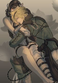 1boy 1girl asymmetrical_legwear bandaged_leg bandages black_gloves black_hair blonde_hair blue_dress blue_eyes blue_negligee braid breast_pillow breasts chain cloud_strife commentary_request cosplay couple detached_sleeves dress feet_out_of_frame final_fantasy final_fantasy_vii final_fantasy_vii_remake flower frilled_dress frills fur-trimmed_collar fur-trimmed_sleeves fur_trim gloves hair_flower hair_ornament hand_on_another&#039;s_head highres hug jacket kaine_(nier) kaine_(nier)_(cosplay) large_breasts lips long_hair lunar_tear nier nier_(brother) nier_(brother)_(cosplay) nier_(brother)_(post_timeskip) nier_(series) nikuya_(nikuya888) parted_lips red_eyes short_dress short_hair single_bare_leg single_bare_shoulder sitting sitting_on_lap sitting_on_person spiked_hair thigh_strap tifa_lockhart white_flower