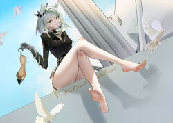 Rule 34 | 1girl, absurdres, ambience synesthesia, animal ears, arknights, bare legs, bird, black shirt, black skirt, blue sky, breasts, character name, chinese commentary, cloud, crossed legs, day, dove, exianble, feet, foot focus, green hair, green nails, grey hair, high heels, highres, holding, holding shoes, kal&#039;tsit (arknights), legs, long sleeves, multicolored hair, nail polish, outdoors, shadow, shirt, shoes, sitting, skirt, sky, small breasts, soles, solo, thighs, toenail polish, toenails, toes, two-tone hair, unworn shoes