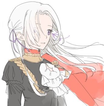 Rule 34 | 1girl, capelet, edelgard von hresvelg, fire emblem, fire emblem: three houses, from side, garreg mach monastery uniform, hair ribbon, ikaikakka, long hair, long sleeves, nintendo, parted bangs, parted lips, puffy long sleeves, puffy sleeves, purple eyes, purple ribbon, red capelet, ribbon, simple background, sketch, solo, upper body, white background, white hair, wind