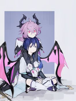 2boys :&lt; ahoge aqua_sleeves behind_another belt black_belt black_bodysuit black_bridal_gauntlets black_coat black_collar black_horns black_sandals black_shorts black_sleeves blue_cape blue_gemstone blue_kimono blunt_ends bodysuit book border bridal_gauntlets bright_pupils cape chin_rest clenched_hand closed_mouth coat collar crossed_bangs crystal dragon_boy dragon_horns dragon_wings expressionless eyeliner eyeshadow facial_mark fingernails forehead_mark furisode gem genshin_impact gloves gold gold_ring grey_eyes hair_between_eyes head_on_head head_rest highres holding holding_book horns indian_style japanese_clothes juban kimono layered_sleeves leg_warmers low_wings makeup mandarin_collar middle_ring mini_durin_(genshin_impact) mini_durin_(human)_(genshin_impact) molingxiao7 multiple_boys open_book open_clothes open_kimono pants pink_gemstone pink_hair pink_wings purple_background purple_hair purple_horns reading red_eyeliner red_eyes red_eyeshadow red_gemstone sandals scaramouche_(genshin_impact) shorts sitting sketch slit_pupils toeless_legwear two-sided_horns wanderer_(genshin_impact) white_border white_gloves white_kimono white_leg_warmers white_pants white_pupils white_sleeves wings wispy_bangs zouri