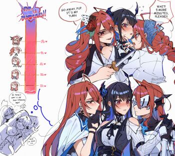 Rule 34 | 6+girls, absurdres, asymmetrical horns, black hair, blue hair, breasts, cape, cloak, colored inner hair, commentary, couch, demon horns, elizabeth rose bloodflame, elizabeth rose bloodflame (1st costume), english commentary, enigmatic recollection, female pervert, harem, highres, hololive, hololive english, horns, imagining, keisea, long hair, mole, mole under eye, multicolored hair, multiple girls, multiple persona, nerissa ravencroft, nerissa ravencroft (1st costume), on couch, pervert, red eyes, simple background, sleeping, speech bubble, thought bubble, two-tone hair, uneven horns, virtual youtuber, white background, white cape, white cloak, yuri