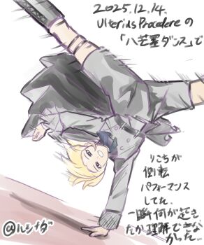 Rule 34 | 1girl, absurdres, bang dream!, bang dream! it's mygo!!!!!, black eyes, blonde hair, boots, cartwheel, coat, commentary request, grey boots, grey coat, grey shorts, highres, knee boots, long sleeves, misumi uika, open mouth, real life, rushinada, sasaki rico (voice actor), shorts, solo, translation request, voice actor, voice actor connection