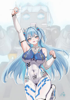 Rule 34 | 1girl, absurdres, animal ear headphones, animal ears, arm above head, arm up, bare shoulders, blue eyes, blue hair, blush, bodypaint, bodysuit, breasts, cat ear headphones, cat ears, clenched hand, commentary request, covered navel, detached sleeves, earpiece, fake animal ears, goddess of victory: nikke, headphones, highres, large breasts, leg up, long hair, looking at viewer, mekami shifty (nikke), multicolored bodysuit, nail polish, number print, official alternate design, open mouth, painted clothes, raised fist, ramuneogura, shifty (nikke), short twintails, skin tight, smile, solo, standing, standing on one leg, thighs, twintails, very long hair, white bodysuit