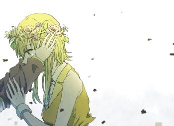 Rule 34 | 2girls, arm warmers, black arm warmers, commentary request, detached sleeves, green eyes, green hair, green shirt, gumi, head wreath, kagamine rin, medium hair, multiple girls, out of frame, shirt, sidelocks, simple background, sleeveless, sleeveless shirt, solo focus, vocaloid, white background, wounds404