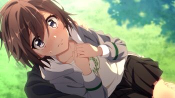 Rule 34 | 1boy, 1girl, black skirt, blush, brown hair, carrying, closed mouth, collarbone, cygames, dot nose, embarrassed, game cg, grass, grey eyes, grey hoodie, grey jacket, hood, hoodie, jacket, knee blush, long sleeves, looking back, miniskirt, official art, pleated skirt, princess carry, princess connect!, shirt, short hair, skirt, sweatdrop, thighs, tomo (princess connect!), tomo (real) (princess connect!), white shirt, yuuki (princess connect!)