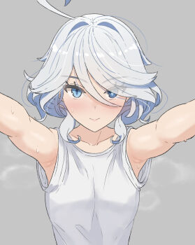 Rule 34 | 1girl, ahoge, armpits, blue eyes, blush, closed mouth, commentary, english commentary, furina (genshin impact), genshin impact, grey background, heterochromia, highres, looking at viewer, shirt, short hair, simple background, smile, solo, sweat, upper body, valenthania, white hair, white shirt