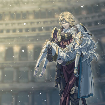 1boy 1girl alternate_costume armor barefoot black_armor black_hairband black_panties blonde_hair brother_and_sister carrying female_corrin_(fire_emblem) corrin_(female)_(hoshido_noble)_(fire_emblem) fire_emblem fire_emblem_fates gloves hairband light_particles long_hair mooncanopy nintendo official_alternate_costume outdoors panties pauldrons princess_carry shoulder_armor siblings silver_hair soles thighhighs underwear very_long_hair white_armor white_gloves white_thighhighs xander_(fire_emblem)