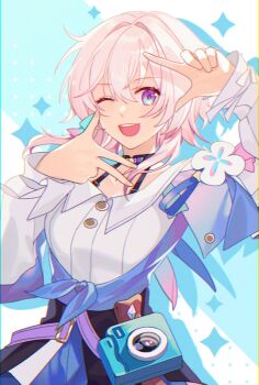 1girl bad_id bad_twitter_id black_choker black_corset blue_eyes blue_jacket blue_skirt camera choker commentary corset cowboy_shot dress_shirt english_commentary finger_frame flower_ornament hair_between_eyes hands_up highres honkai:_star_rail honkai_(series) image_sample jacket long_sleeves looking_at_viewer march_7th_(honkai:_star_rail) march_7th_(preservation)_(honkai:_star_rail) medium_hair multicolored_eyes one_eye_closed open_mouth pink_eyes pink_hair shirt skirt smile solo teeth tied_jacket toya_kaisei twitter_sample two-tone_eyes upper_teeth_only white_shirt
