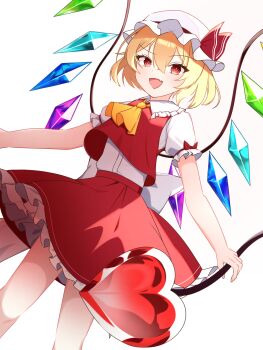 Rule 34 | 1girl, ascot, blonde hair, cowboy shot, crystal, crystal wings, embodiment of scarlet devil, flandre scarlet, hair between eyes, hat, highres, laevatein (touhou), looking at viewer, mob cap, open mouth, puffy short sleeves, puffy sleeves, red eyes, red skirt, red vest, sekitoriinko, shirt, short hair, short sleeves, side ponytail, simple background, skirt, skirt set, smile, solo, standing, touhou, vest, white background, wings, yellow ascot