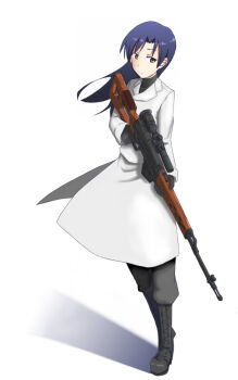 1girl black_boots black_gloves blue_hair boots brown_eyes coat commentary_request dragunov_svd expressionless floating_hair full_body gloves gun highres holding holding_gun holding_weapon idolmaster idolmaster_(classic) kisaragi_chihaya lapels long_hair long_sleeves looking_to_the_side matsunoki_(aty1223) notched_lapels rifle sideways_glance simple_background sniper_rifle solo standing weapon white_background white_coat