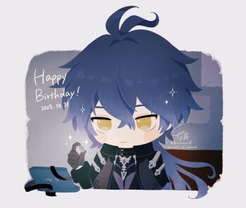 1boy antenna_hair black_capelet black_shirt blue_hair blush_stickers capelet closed_mouth collared_capelet commentary_request cropped_torso crossed_bangs dated double-parted_bangs flins_(genshin_impact) genshin_impact happy_birthday highres holding kinumond long_hair looking_at_object male_focus shirt smile solo sparkle very_long_hair yellow_eyes