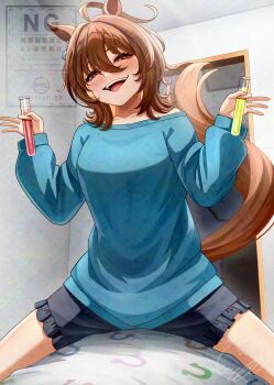 1girl agnes_tachyon_(umamusume) ahoge animal_ears black_shorts blue_shirt breasts brown_hair chemical_structure doorway earrings frilled_shorts frills hair_between_eyes highres holding holding_test_tube horse_ears horse_girl horse_tail huge_ahoge indoors jewelry large_breasts liquid long_sleeves medium_hair motusii open_mouth red_eyes shirt shorts signature single_earring smile solo straddling tail test_tube umamusume watermark watermark_grid wolf_cut