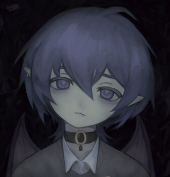 1boy :3 black_background black_choker blue_eyes blue_hair brown_sweater caelum_(utatatane) choker commission commissioner_upload demon_wings fang hair_between_eyes head_tilt looking_at_viewer medium_hair original pointy_ears portrait solo sweater tsurami96 wings