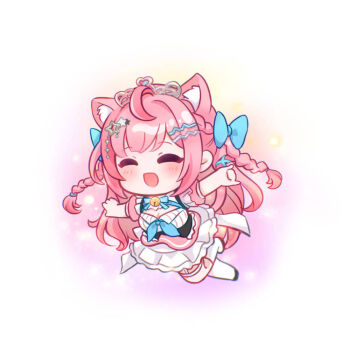 Rule 34 | 1girl, ahoge, animal ears, bell, blue bow, blue ribbon, blush, bow, braid, breasts, cat ears, cat girl, cat hair ornament, chibi, chibi only, closed eyes, dress, extra ears, garter straps, hair bow, hair ornament, hairclip, happy, indie virtual youtuber, jingle bell, large breasts, long hair, maid, neck bell, neck ribbon, nikoo, open mouth, pink dress, pink hair, ribbon, short sleeves, single garter strap, single sock, single thighhigh, smile, socks, solo, star (symbol), star hair ornament, suspenders, thighhighs, two side up, virtual youtuber, white background, white dress, white garter straps, white socks, white thighhighs, yuuki sakuna, yuuki sakuna (3rd costume)