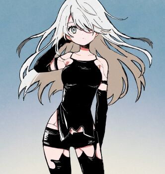 1girl a2_(nier:automata) android arm_up bare_shoulders blue_background closed_mouth collarbone dot_nose floating_hair gradient_background grey_eyes hair_over_one_eye highres long_hair nier:automata nier_(series) nmiznm solo standing white_hair