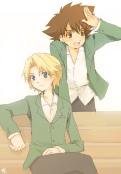 Rule 34 | 00s, 2boys, bench, blonde hair, blue eyes, brown eyes, brown hair, digimon, digimon adventure 02, ishida yamato, kurot, male focus, multiple boys, salute, school uniform, serafuku, short hair, yagami taichi