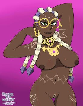 1girl bodypaint braid braided_ponytail breasts collar curvy dark-skinned_female dark_skin dolores_(kof) dope_is_nukat dopeisnukat female_focus glasses gold green_eyes jewelry large_breasts long_hair looking_at_viewer multicolored_hair nipples nukat_is_dope nukatisdope purple_hair round_eyewear standing the_king_of_fighters thick_lips thick_thighs thighs two-tone_hair white_hair wide_hips