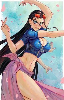 1girl black_hair blue_eyes boutsoftheblind breasts cleavage commentary extra_arms hair_slicked_back hana_hana_no_mi highres long_hair making-of_available midriff navel nico_robin one_piece orange-tinted_eyewear petals pink_petals pink_sarong sarong short_sleeves signature smile solo tinted_eyewear zipper
