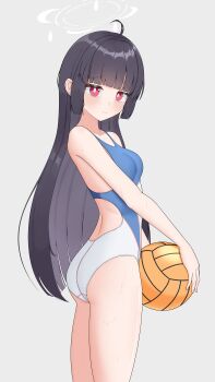 1girl absurdres ahoge armband ass ball black_hair blue_archive blunt_bangs breasts competition_swimsuit grey_background halo highres long_hair looking_at_viewer miyu_(blue_archive) one-piece_swimsuit rabbit_ornament red_eyes sembem sidelocks simple_background small_breasts solo swimsuit twitter_username two-tone_swimsuit visor_cap volleyball_(object) white_halo