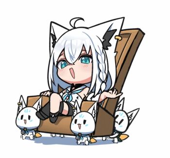 1girl animal_ears bare_shoulders black_shorts blue_eyes chibi commentary_request crossed_legs fox_ears fox_girl full_body hololive kumarang long_hair on_throne shirakami_fubuki shirt shorts sitting solo_focus throne virtual_youtuber white_hair white_shirt