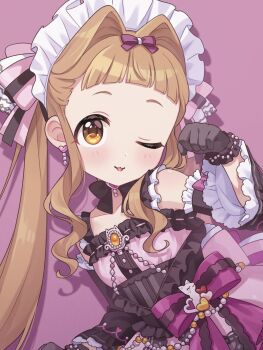 1girl 2025 :3 arched_bangs bare_shoulders black_bow black_bowtie black_gloves black_sleeves bow bowtie brooch brown_hair clenched_hand closed_mouth collarbone dated detached_sleeves dot_nose dress dress_bow drop_shadow earrings euphoniummatsu frilled_bow frilled_gloves frilled_sleeves frills gloves hair_bow hair_intakes hand_up heart heart_earrings highres ichihara_nina idolmaster idolmaster_cinderella_girls jewelry long_hair long_sleeves looking_at_viewer maid_headdress one_eye_closed parted_lips pink_background pink_bow pink_dress purple_bow second-party_source short_bangs sidelocks signature sleeve_bow sleeveless sleeveless_dress solo straight_hair striped_bow textless_version tongue tongue_out twintails two-tone_bow upper_body wavy_sidelocks white_headdress yellow_eyes