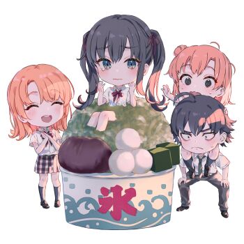 1boy 3girls @_@ black_hair black_pants blue_eyes blush carrying chibi closed_eyes closed_mouth collared_shirt food full_body hair_bun hands_on_own_knees highres hikigaya_hachiman in_food isshiki_iroha loafers looking_at_viewer medium_hair multiple_girls neck_ribbon orange_hair pants plaid_clothes plaid_skirt ponkan_8 red_ribbon ribbon school_uniform shaved_ice shirt shoes shoulder_carry simple_background single_hair_bun single_side_bun sitting skirt sobu_high_school_uniform standing tearing_up twintails wavy_mouth white_background white_shirt yahari_ore_no_seishun_lovecome_wa_machigatteiru. yuigahama_yui yukinoshita_yukino
