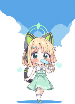 1girl animal_ear_headphones animal_ears blonde_hair blue_archive blush bow bowtie cat_ear_headphones cat_ears chibi chibi_only chromatic_aberration colored_shadow commentary_request dress fake_animal_ears food frilled_dress frills full_body green_dress green_eyes green_halo green_shoes hair_ornament hairclip halo headphones heart highres holding holding_food holding_popsicle holding_stick licking looking_at_viewer low-tied_sidelocks medium_hair midori_(blue_archive) official_alternate_costume parted_bangs popsicle popsicle_stick sailor_collar sailor_dress scrunchie shadow shoes sidelocks sleeveless sleeveless_dress socks solo standing stick tail_raised takahero tongue tongue_out white_bow white_bowtie white_sailor_collar white_scrunchie white_socks wrist_scrunchie x_hair_ornament