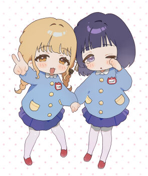 ;o arm_up blonde_hair blue_shirt blue_skirt blush braid commentary deformed fang fujita_kotone full_body gakuen_idolmaster hataya_misuzu highres holding_hands idolmaster kamin_(xgef8882) kindergarten_uniform looking_at_viewer mole mole_under_mouth name_tag one_eye_closed pantyhose polka_dot polka_dot_background purple_hair red_shoes shirt shoes skirt sleepy smile smock tears twin_braids v white_pantyhose