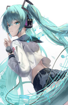 1girl absurdres aqua_eyes aqua_hair beamed_eighth_notes beamed_sixteenth_notes black_skirt commentary convenient_censoring eighth_note english_commentary finger_to_mouth from_behind grin hair_between_eyes hatsune_miku headphones highres holding holding_microphone lazyramen long_hair looking_at_viewer looking_back microphone musical_note musical_staff quarter_note shirt shushing sixteenth_note skirt smile solo treble_clef twintails very_long_hair vocaloid white_shirt