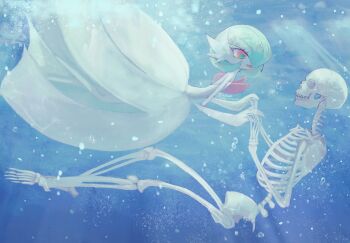 1girl air_bubble bad_id bad_twitter_id bone bubble dress gardevoir gen_3_pokemon green_hair highres holding_hands mega_gardevoir mega_pokemon nintendo open_mouth pokemon pokemon_(creature) red_eyes signature skeleton skull underwater yuhata_(yuh4t4)