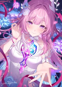 1girl bare_shoulders breasts closed_mouth commentary crystal cyrene_(honkai:_star_rail) diamond-shaped_pupils diamond_(shape) dress fingernails flower gradient_hair hair_flower hair_ornament hand_up highres honkai:_star_rail honkai_(series) large_breasts long_fingernails long_hair looking_at_viewer multicolored_hair nail_polish pink_hair pink_nails pink_petals pointy_ears purple_eyes purple_flower purple_rose rose signature smile solo symbol-shaped_pupils tsumugi_(tsumugi_02230) twitter_username very_long_hair white_dress