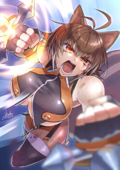 1girl angry animal_ears bare_shoulders blazblue breasts brown_eyes brown_hair fingerless_gloves gloves incoming_attack large_breasts makoto_nanaya microskirt short_hair skirt sleeveless squirrel_ears squirrel_tail strail_cycleman tail teeth thighhighs tonfa underboob weapon