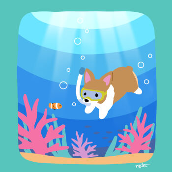 absurdres air_bubble animal_focus border bubble clownfish commentary_request coral dog fish goggles highres kotetsudiary no_humans ocean original snorkel swim_goggles underwater welsh_corgi