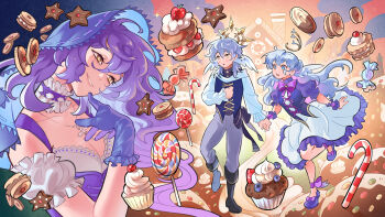 1boy 2girls ankle_bow ankle_ribbon bare_shoulders black_boots black_bow black_swan_(honkai:_star_rail) blue_background blue_hair blue_vest blueberry boots bow bowtie braid breasts brother_and_sister candy candy_cane cherry choker cleavage commentary cookie cosplay cross cross-laced_clothes cross-laced_vest cross_necklace cupcake detached_sleeves dirndl dress drooling earrings english_commentary evil_smile feathered_wings finger_to_mouth fold-over_boots food footwear_bow frilled_choker frilled_gloves frilled_wrist_cuffs frills fruit full_body german_clothes gloves gradient_background green_background gretel_(hansel_and_gretel) gretel_(hansel_and_gretel)_(cosplay) grey_hair grey_pants hair_between_eyes half_up_braid halo halo_behind_head hansel_(hansel_and_gretel) hansel_(hansel_and_gretel)_(cosplay) hansel_and_gretel head_tilt head_wings highres holding_hands honkai:_star_rail honkai_(series) house_of_candy jewelry light_blush lollipop long_hair long_sleeves looking_at_another looking_to_the_side medium_hair miyuli multiple_girls necklace pants path pink_lips projected_inset puffy_detached_sleeves puffy_short_sleeves puffy_sleeves purple_bow purple_bowtie purple_choker purple_dress purple_gloves purple_hair purple_shoes purple_sleeves purple_veil purple_wrist_cuffs ribbon road robin_(honkai:_star_rail) scarf shirt shoes short_sleeves siblings smile star-shaped_food star_(symbol) strawberry sunday_(honkai:_star_rail) swirl_lollipop turtleneck turtleneck_shirt underbust upper_body veil very_long_hair vest waist_bow walking wavy_hair whipped_cream white_dress white_scarf white_shirt white_wings wings wrapped_candy wrist_cuffs yellow_eyes