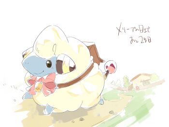 backpack bag bell black_eyes bow commentary_request day gen_2_pokemon house kura_(shironagasu02) mareep neck_bell nintendo no_humans outdoors path pink_bow pokemon pokemon_(creature) pokemon_focus road smile solo translation_request