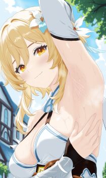 1girl absurdres arm_up armpits blonde_hair blue_sky blush breasts building cleavage closed_mouth cloud commentary day detached_sleeves dress english_commentary fingernails flower from_below genshin_impact hair_flower hair_intakes hair_ornament hair_over_shoulder hand_on_own_chest highres large_breasts lewd_chan long_bangs long_sidelocks looking_at_viewer lumine_(genshin_impact) multicolored_flower orange_eyes outdoors presenting_armpit short_hair_with_long_locks sidelocks sky sleeveless sleeveless_dress smile solo standing steam steaming_body sunlight sweat tree upper_body white_dress white_sleeves wispy_bangs