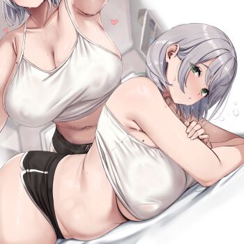 Rule 34 | 1girl, alternate costume, armpit crease, armpits, bed sheet, breasts, camisole, cleavage, covered erect nipples, crop top, dolphin shorts, green eyes, grey hair, highres, hololive, indoors, large breasts, looking at viewer, lying, moisture (chichi), mole, mole on breast, multiple views, navel, on stomach, plump, shirogane noel, short hair, short shorts, shorts, stomach, sweat, tank top, underboob, virtual youtuber, white camisole, white tank top