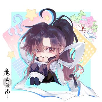 2boys ? ahoge animal black_boots black_hair black_hanfu black_pants blush_stickers boots bound bound_arms bound_legs brown_hair chibi chibi_only chinese_clothes chinese_text copyright_name eyelashes flower full_body hanfu high_ponytail highres holding holding_ribbon lan_wangji leaf long_hair long_sleeves looking_at_viewer male_focus mini_person miniboy modao_zushi multiple_boys musical_note official_art pants pink_flower ponytail rabbit red_eyes ribbon ribbon_bondage robe sidelocks sitting solo_focus star_(symbol) topknot wei_wuxian white_hanfu white_rabbit_(animal) white_ribbon wide_sleeves yaoi yuzurinwx