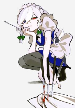 Rule 34 | 1girl, apron, arm up, between fingers, black bow, black pantyhose, blood, bloody weapon, blue dress, blue eyes, bow, braid, dee (tannsumi), dress, from below, full body, green bow, hair bow, hand on own chin, heterochromia, high heels, highres, holding, holding knife, izayoi sakuya, knife, knives between fingers, looking down, maid apron, medium hair, pantyhose, pinky out, puffy short sleeves, puffy sleeves, red eyes, shirt, short sleeves, solo, squatting, stab, touhou, twin braids, weapon, white hair, white shirt